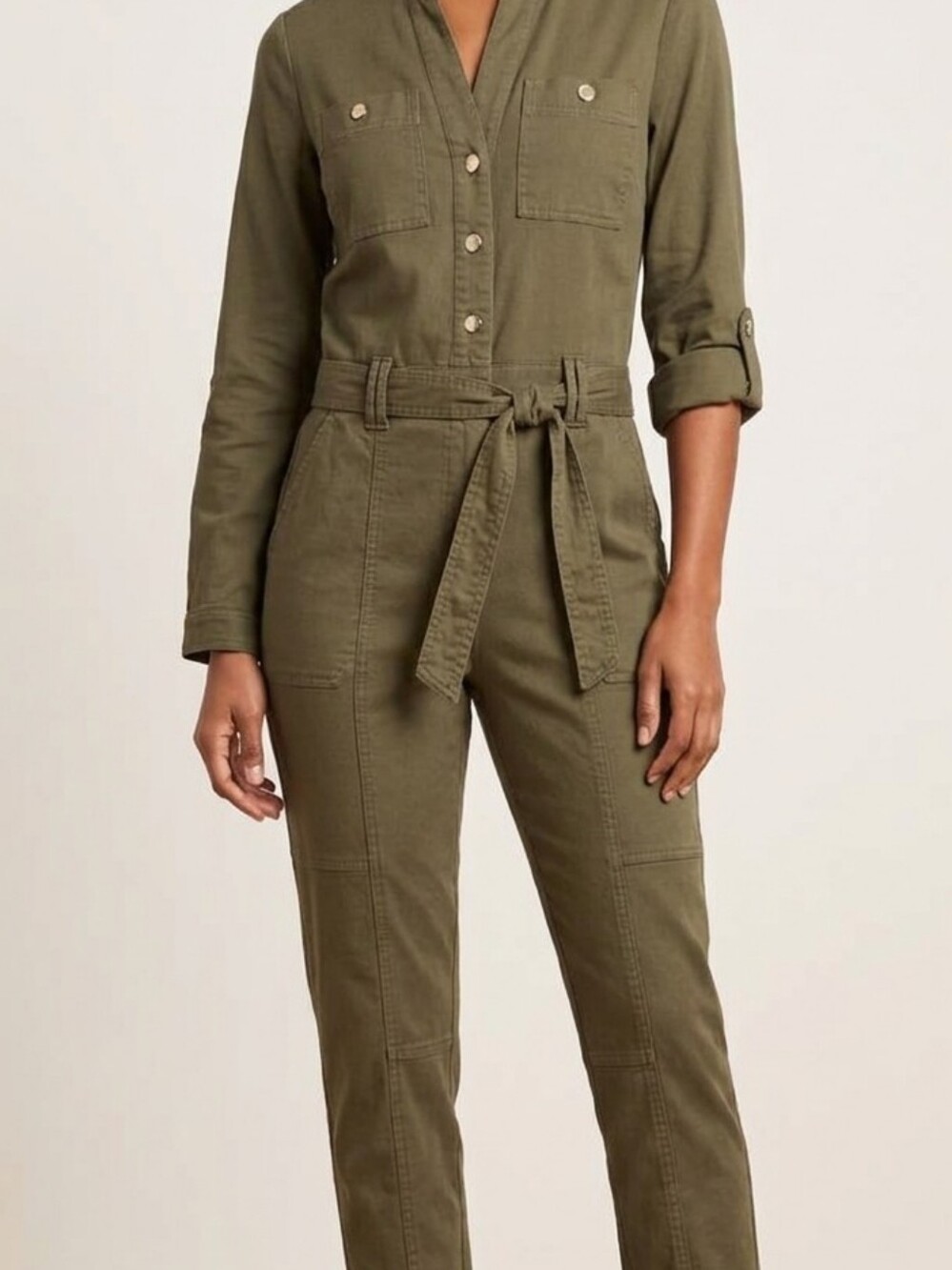 White House Black Market Olive Green Utility Jumpsuit Belted Roll Sleeve Size 4